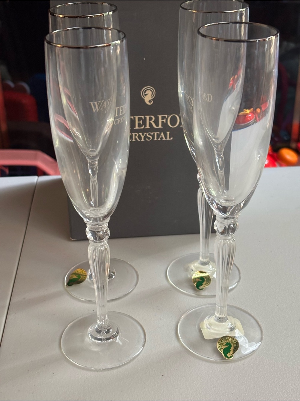 Waterford Carleton Crystal Clear Champagne Flutes with Platinum Trim - Set of 4